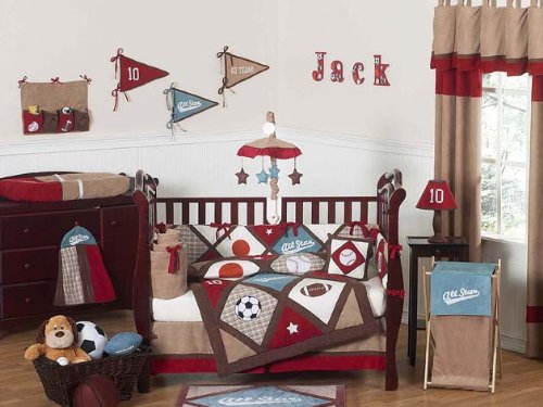 All Star Sports Red, Blue and Brown Baby Boy Bedding 9pc Crib Set